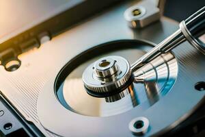 a close up of a hard drive with a screw. AI-Generated photo