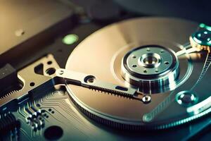 a hard drive is shown with a metal disk. AI-Generated photo