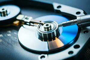 a close up of a hard disk with a screw. AI-Generated photo