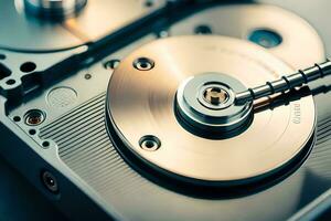 a close up of a hard drive with a metal disk. AI-Generated photo