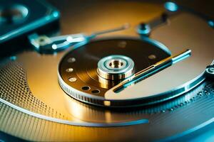 a close up of a hard drive with a metal disk. AI-Generated photo