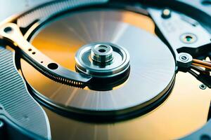 a close up of a hard drive with a metal disk. AI-Generated photo