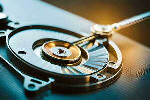 a close up of a hard drive with a metal disk. AI-Generated photo