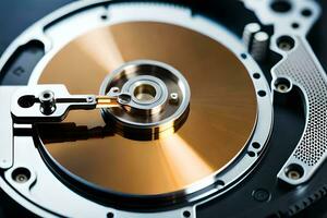 a close up of a disk drive with a metal disk. AI-Generated photo