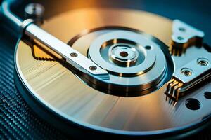 a close up of a hard disk with a metal handle. AI-Generated photo