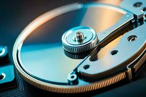 a close up of a hard drive with a metal disk. AI-Generated photo