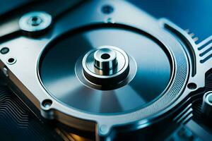 a close up of a hard drive with a metal disk. AI-Generated photo