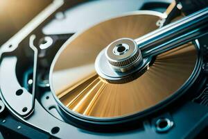 a close up of a hard disk with a gold disk. AI-Generated photo