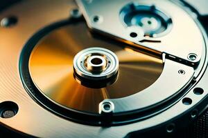 a close up of a disk drive with a metal disk. AI-Generated photo