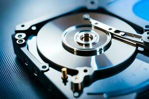 a close up of a hard drive with a metal disk. AI-Generated photo