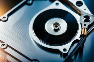 a close up of a hard drive with a metal disk. AI-Generated photo