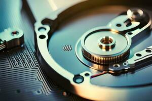 a close up of a hard drive with a metal gear. AI-Generated photo