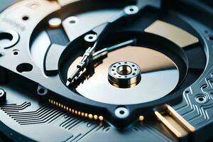 a close up of a mechanical device with a disk. AI-Generated photo