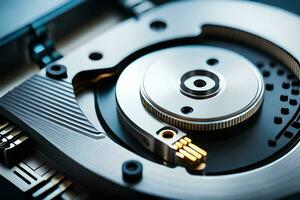 a close up of a hard drive with a metal cover. AI-Generated photo