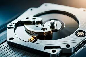 a close up of a hard drive with a metal disk. AI-Generated photo