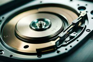 a close up of a hard drive with a metal disk. AI-Generated photo