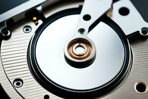 a close up of a hard drive with a metal disk. AI-Generated photo