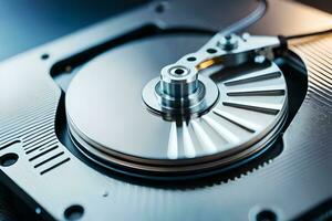 a close up of a hard drive with a spinning disk. AI-Generated photo