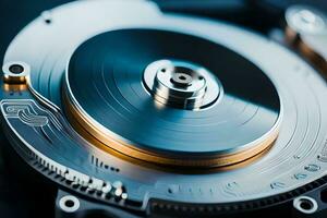 a close up of a hard drive with a metal disk. AI-Generated photo