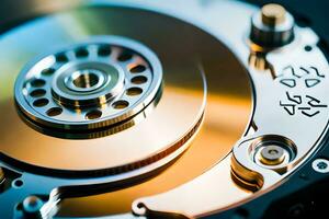 a close up of a hard drive with a metal disk. AI-Generated photo