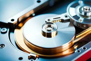 a close up of a hard drive with a metal disk. AI-Generated photo