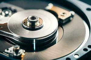 a close up of a hard drive with a metal disk. AI-Generated photo