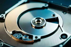 a close up of a hard drive with a metal disk. AI-Generated photo