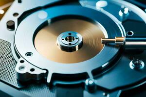 a close up of a disk drive with a metal disk. AI-Generated photo