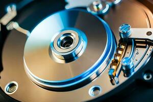 a close up of a hard drive with a disk. AI-Generated photo
