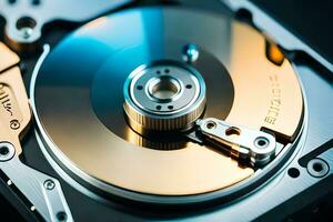 a close up of a hard drive with a metal disk. AI-Generated photo