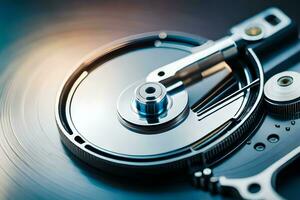 a close up of a disk drive with a metal disk. AI-Generated photo