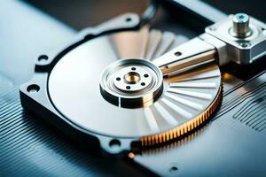 a hard drive is shown with a metal disk. AI-Generated photo