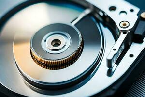 a close up of a hard drive with a metal disk. AI-Generated photo