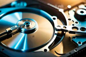 a close up of a hard drive with a disk. AI-Generated photo
