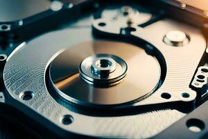 a close up of a hard drive with a disk. AI-Generated photo