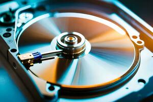 a close up of a hard disk with a metal disk. AI-Generated photo