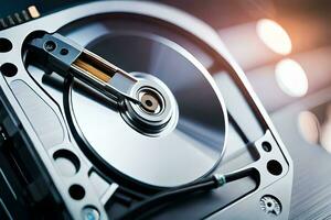 a close up of a hard drive with a metal disk. AI-Generated photo