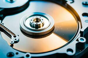 a close up of a hard drive with a disk. AI-Generated photo