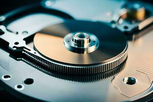 a close up of a hard drive with a metal disk. AI-Generated photo