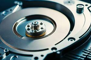 a close up of a hard drive with a metal disk. AI-Generated photo