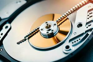 a close up of a hard drive with a gold disk. AI-Generated photo