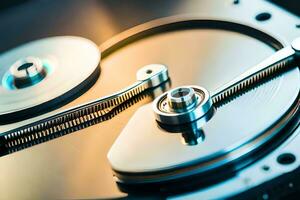 a close up of a hard drive with two metal disks. AI-Generated photo