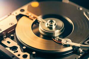 a close up of a hard drive with a metal disk. AI-Generated photo