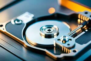 a hard drive is shown with a metal disk. AI-Generated photo