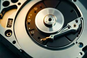 a close up of a hard drive with a disk. AI-Generated photo