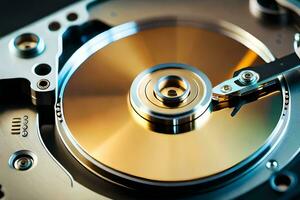 a close up of a hard drive with a metal disk. AI-Generated photo
