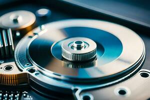 a close up of a hard drive with a metal disk. AI-Generated photo