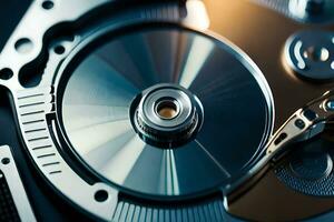 a close up of a hard drive with a disk. AI-Generated photo