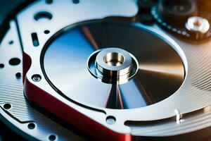 a close up of a disk drive with a metal disk. AI-Generated photo