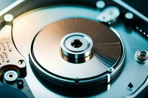 a close up of a hard drive with a metal disk. AI-Generated photo